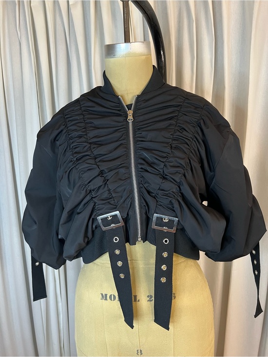 Murua Jackets & Blazers - MURUA Japan Street Y2K StyleBlack Ruched croppedBomber Jacket with Buckle Straps